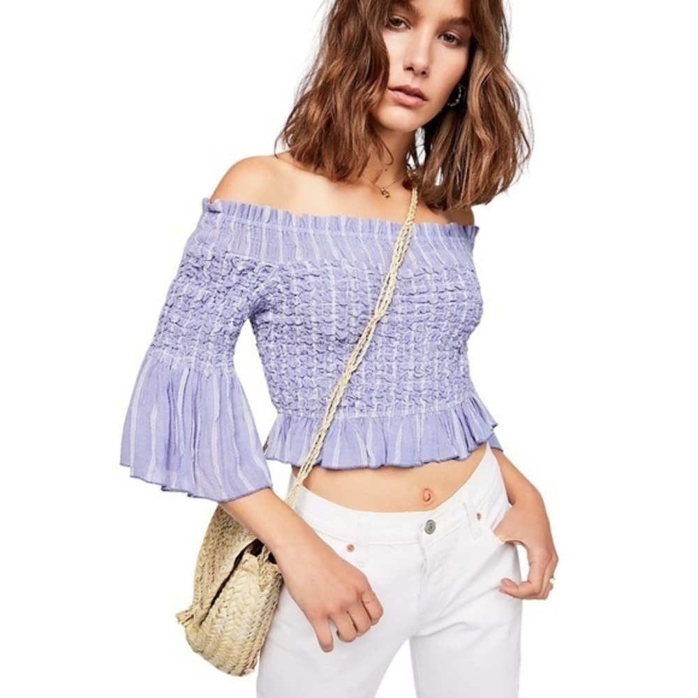 Free People Smock Around Striped Top Off The Shoulder Blouse in Periwinkle